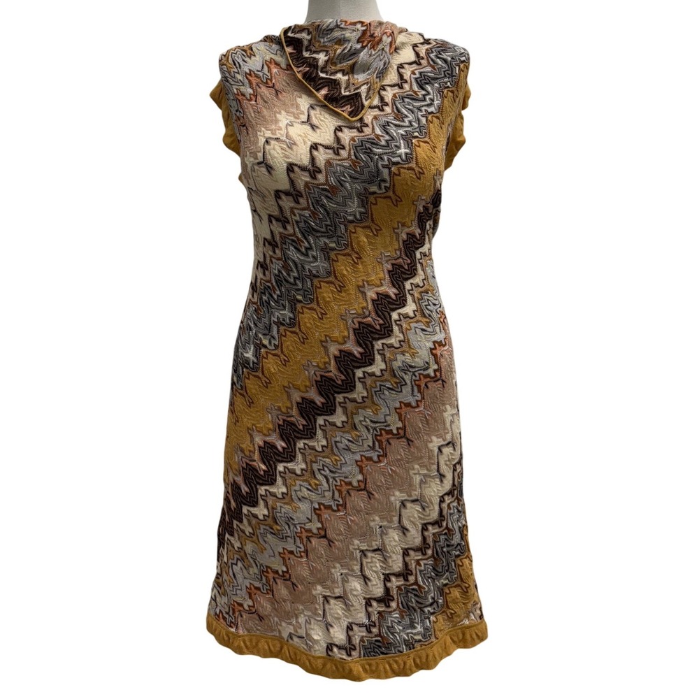 Missoni Zigzag Knit Sleeveless Dress Cowl Neck Mustard Brown IT 42 Made in Italy